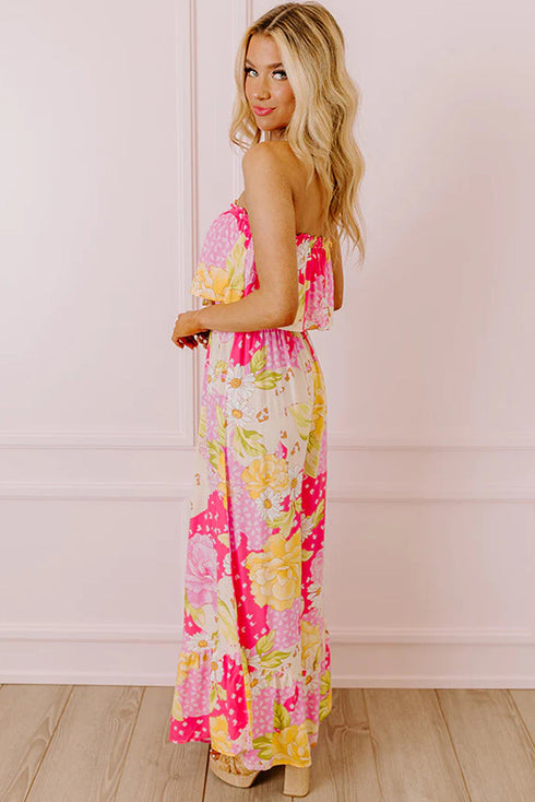 Multicolour Floral Print Ruffled High Waist Tube Top Loose Jumpsuit